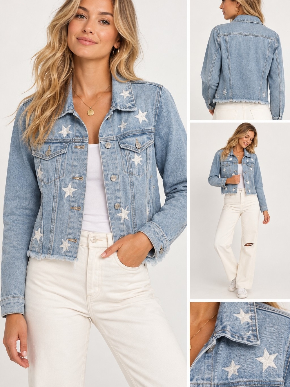 ZENANA | Star Embroidered Denim Jacket | Light Wash | NWT